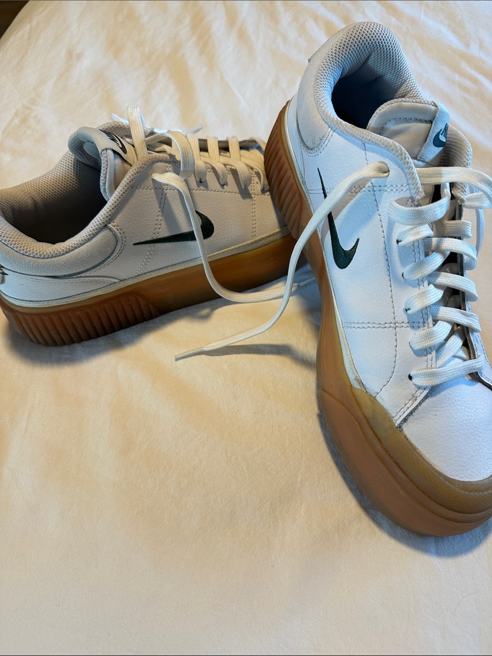 Nike Women’s White Leather Sneakers with Gum Platform and Dark Green Swoosh